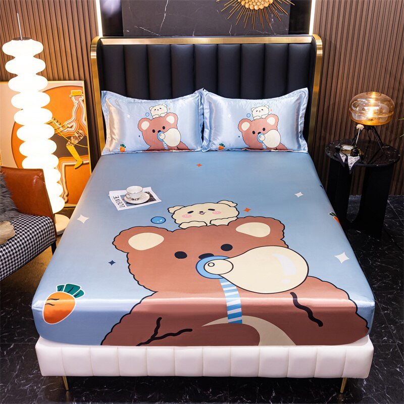 Satin Bed Linen for Single Bed - Cartoon Fitted Sheet for Kids - Casatrail.com