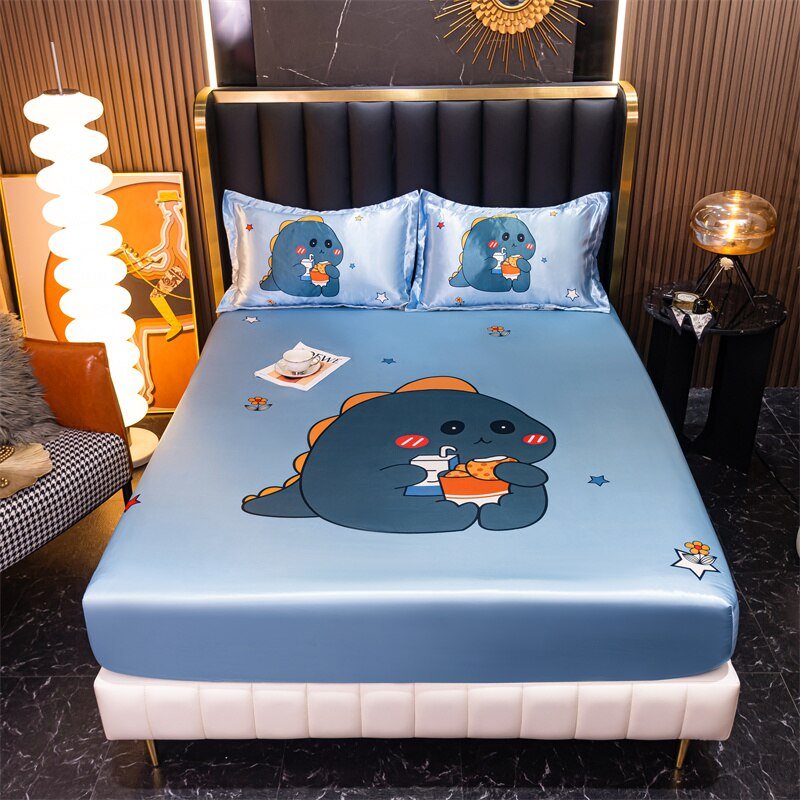 Satin Bed Linen for Single Bed - Cartoon Fitted Sheet for Kids - Casatrail.com