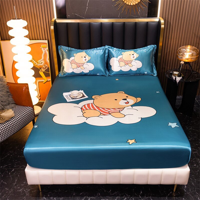 Satin Bed Linen for Single Bed - Cartoon Fitted Sheet for Kids - Casatrail.com