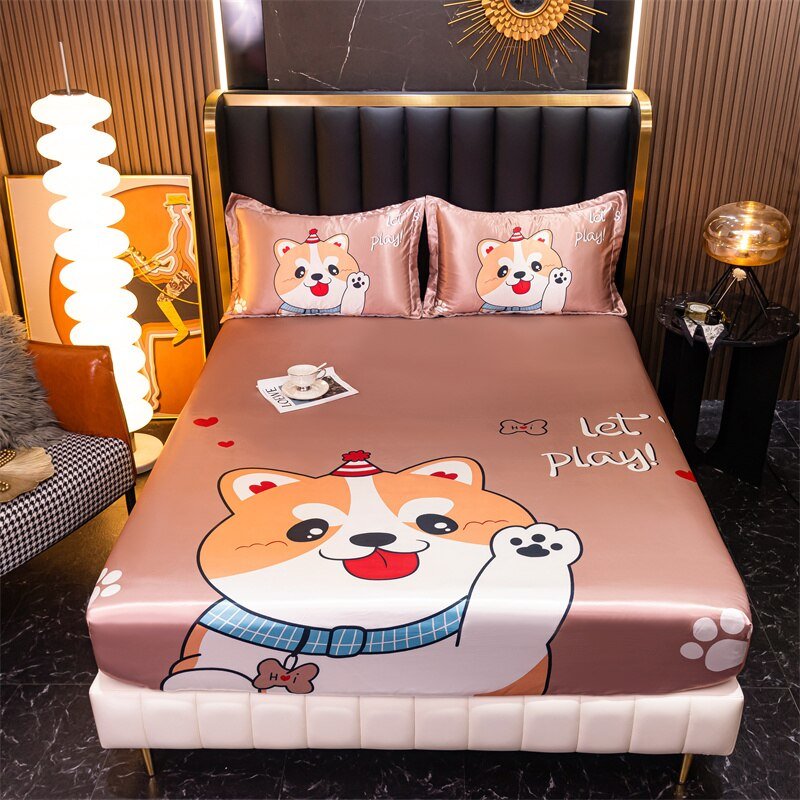 Satin Bed Linen for Single Bed - Cartoon Fitted Sheet for Kids - Casatrail.com