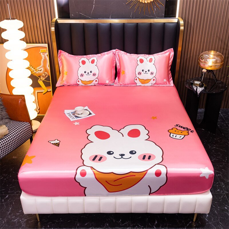 Satin Bed Linen for Single Bed - Cartoon Fitted Sheet for Kids - Casatrail.com