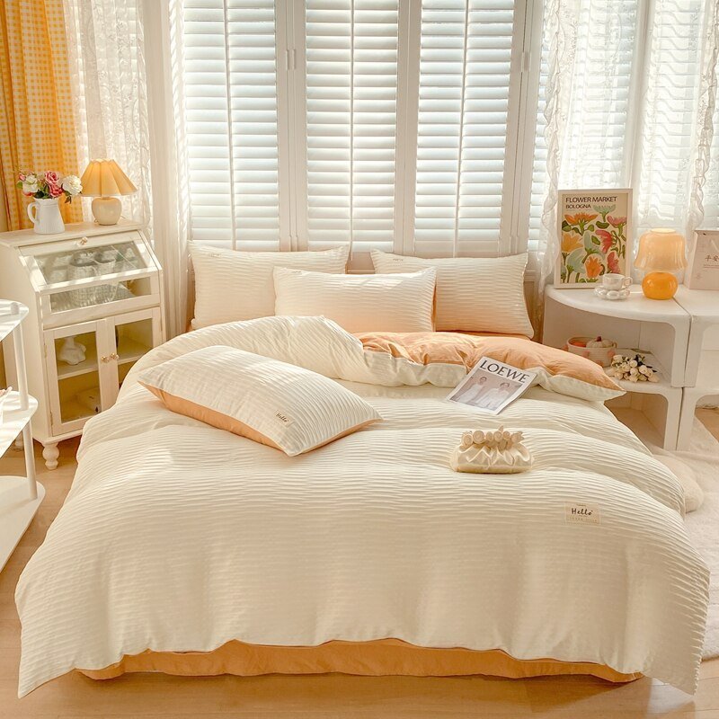 Seersucker Bedding Set with Soft Duvet Cover, Flat Sheets, and Pillowcase - Casatrail.com