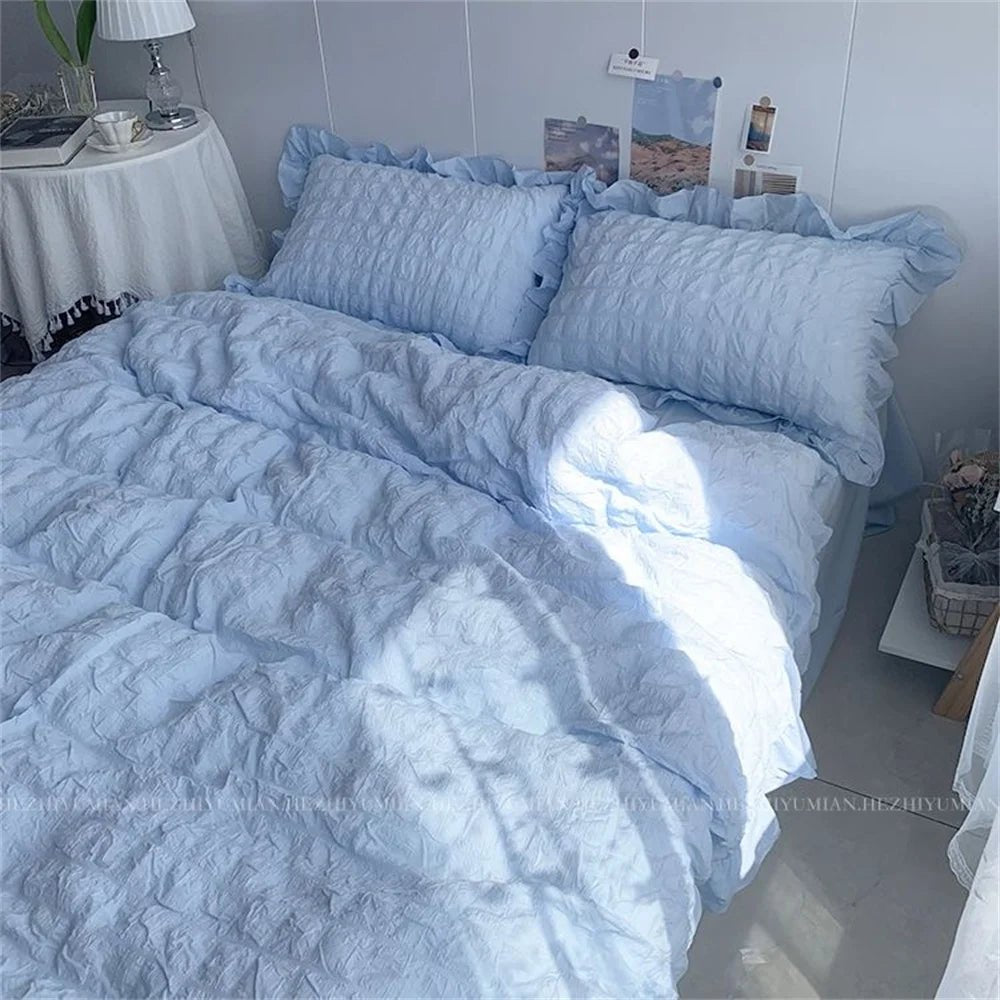 Seersucker Ruffles Lace Bedding Set With Soft Sheet, Duvet Cover & Pillow Covers - Casatrail.com