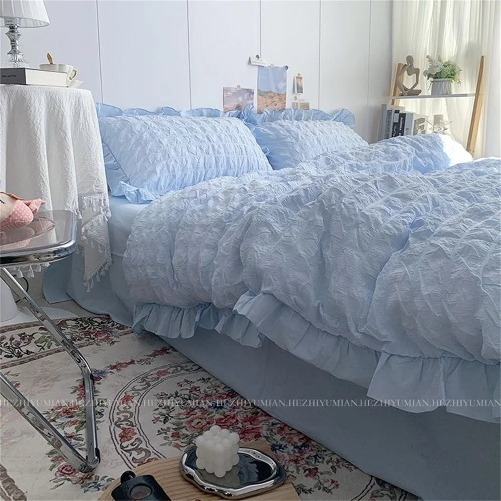 Seersucker Ruffles Lace Bedding Set With Soft Sheet, Duvet Cover & Pillow Covers - Casatrail.com