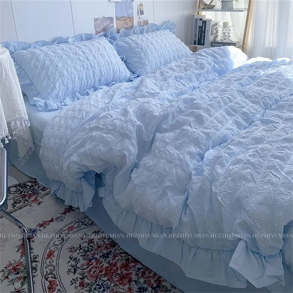 Seersucker Ruffles Lace Bedding Set With Soft Sheet, Duvet Cover & Pillow Covers - Casatrail.com