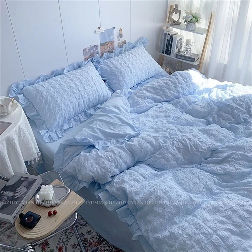 Seersucker Ruffles Lace Bedding Set With Soft Sheet, Duvet Cover & Pillow Covers - Casatrail.com