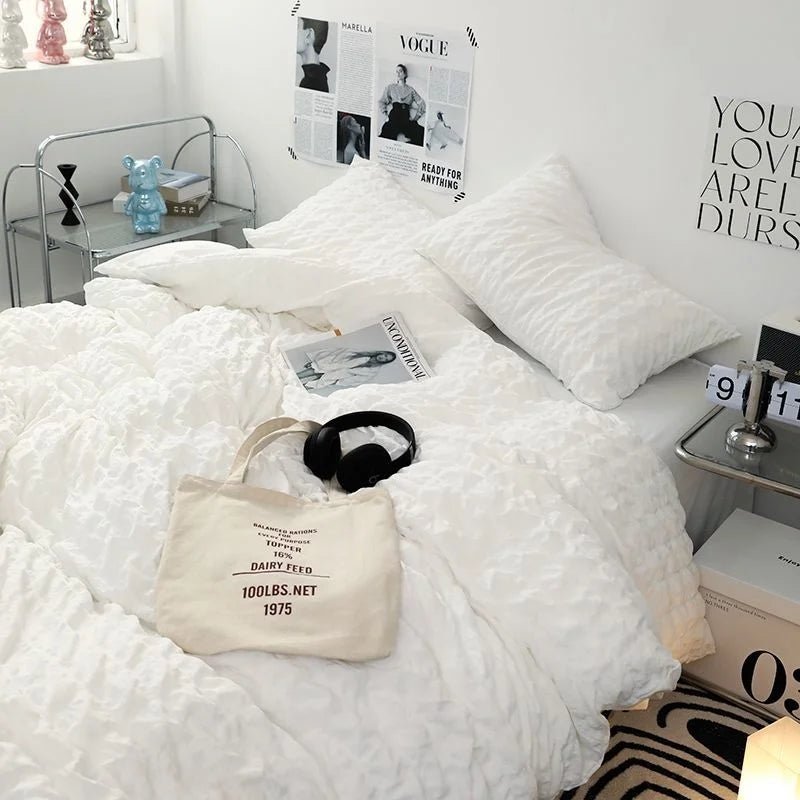 Seersucker Ruffles Lace Bedding Set With Soft Sheet, Duvet Cover & Pillow Covers - Casatrail.com