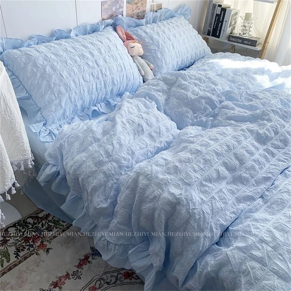 Seersucker Ruffles Lace Bedding Set With Soft Sheet, Duvet Cover & Pillow Covers - Casatrail.com