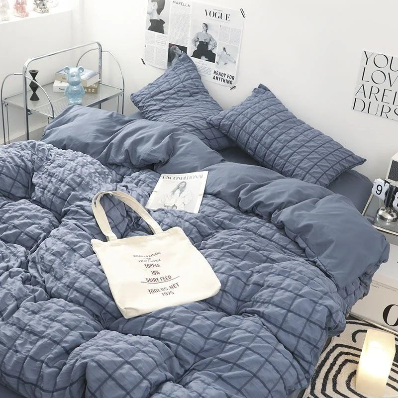 Seersucker Ruffles Lace Bedding Set With Soft Sheet, Duvet Cover & Pillow Covers - Casatrail.com