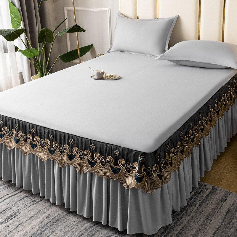 Solid Color Lace Bed Skirt Three Piece Set with Princess Style for Smooth Bed Spread and Mattress Protection - Casatrail.com