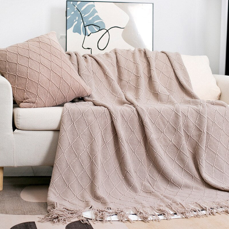 Solid Color Tassel Knitted Sofa Blanket - Casatrail.com