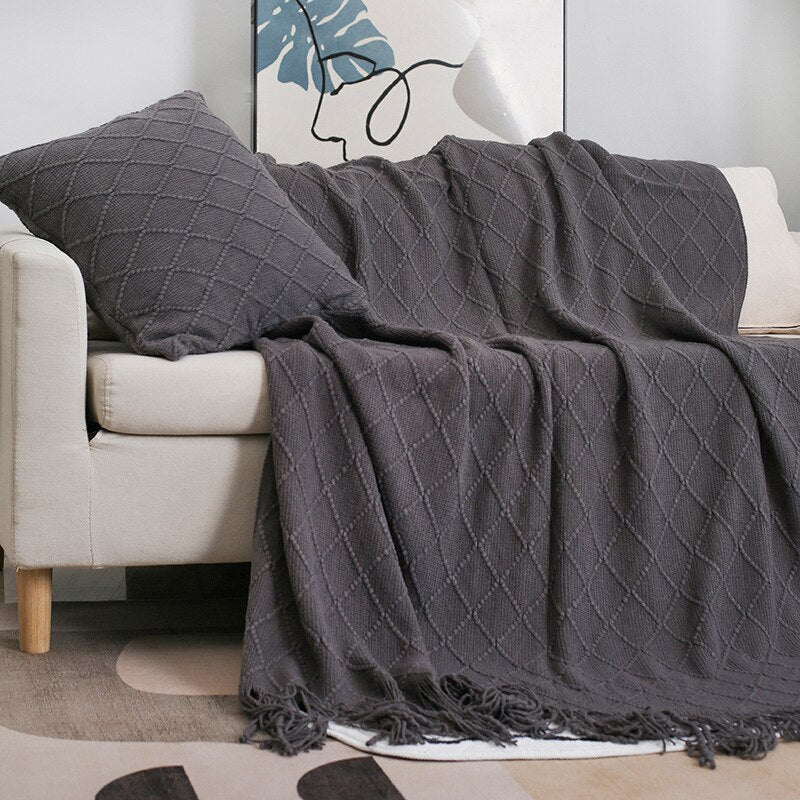 Solid Color Tassel Knitted Sofa Blanket - Casatrail.com