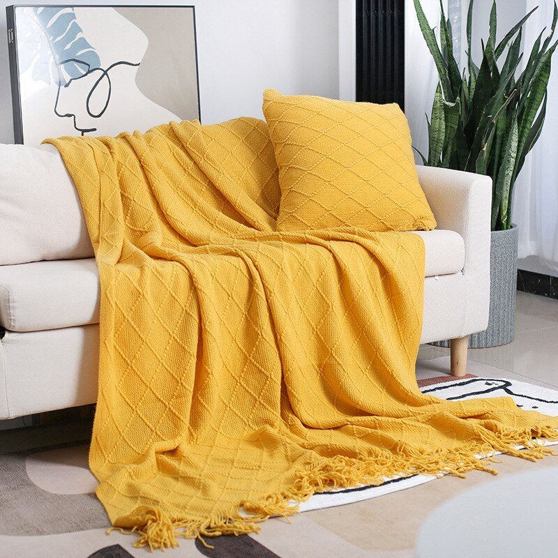 Solid Color Tassel Knitted Sofa Blanket - Casatrail.com