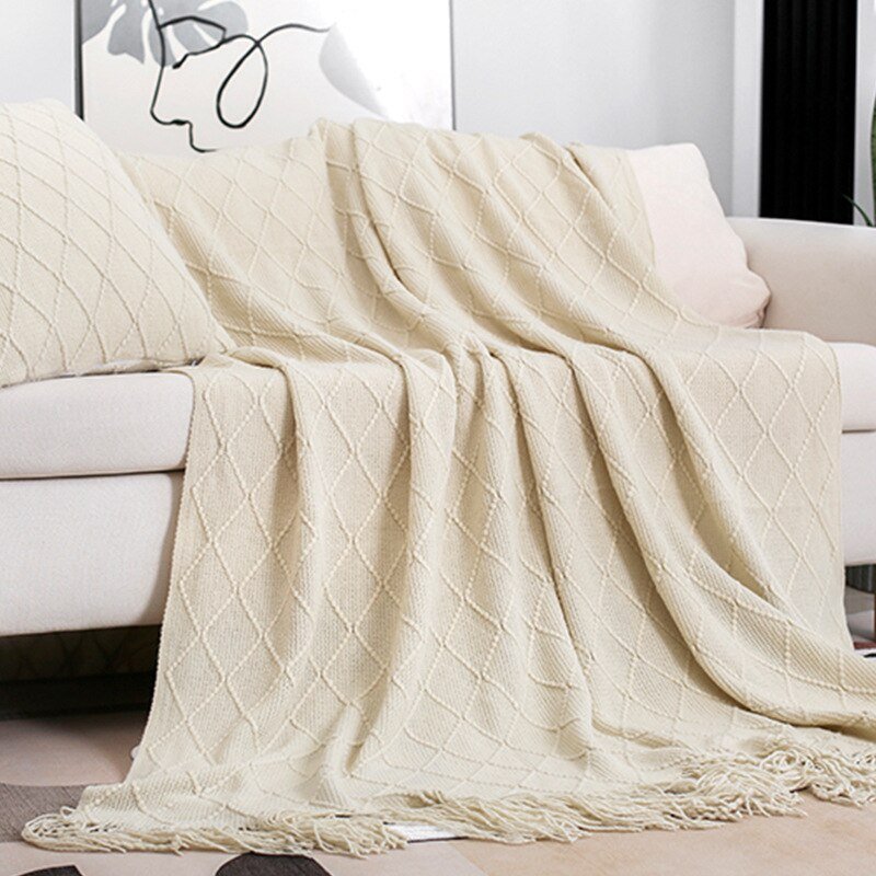 Solid Color Tassel Knitted Sofa Blanket - Casatrail.com