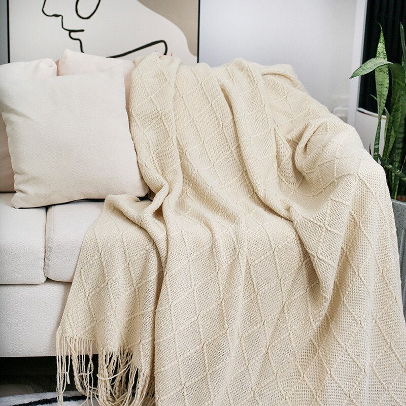 Solid Color Tassel Knitted Sofa Blanket - Casatrail.com