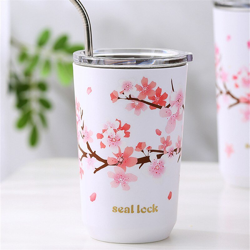 Stainless Steel Cherry Blossom Thermal Mug With Lid - Casatrail.com