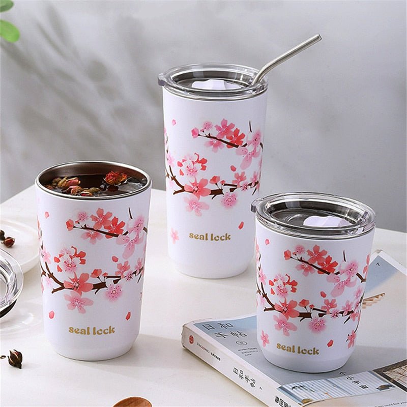 Stainless Steel Cherry Blossom Thermal Mug With Lid - Casatrail.com