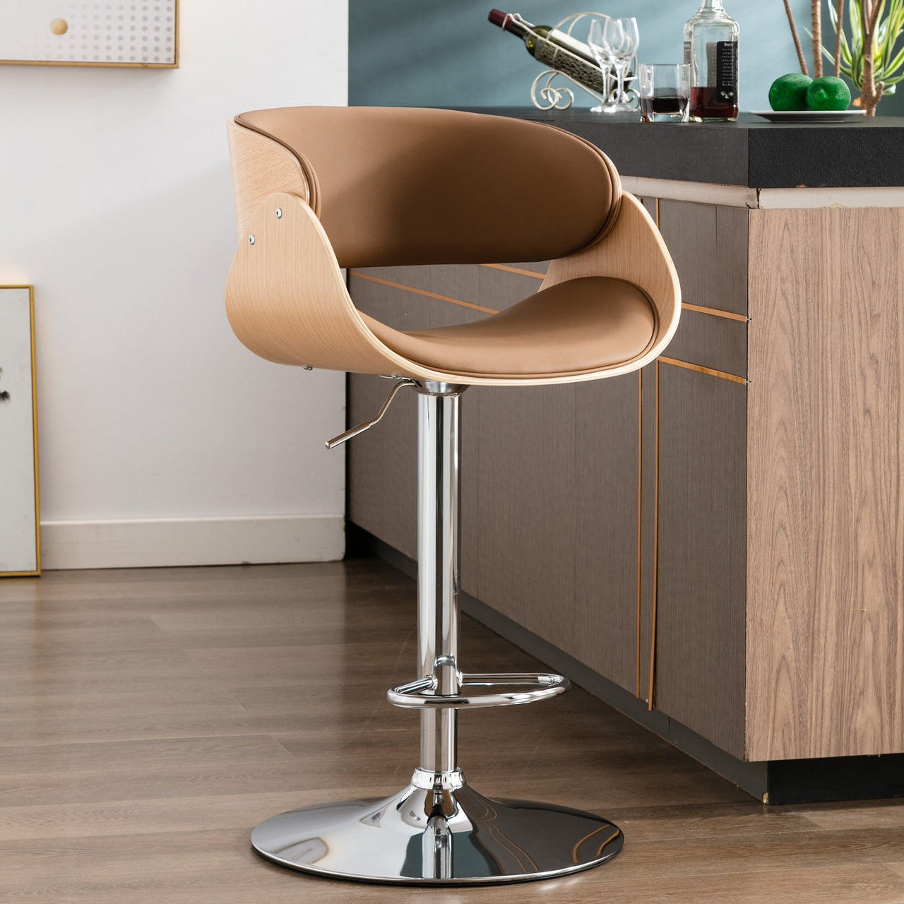 Swivel PU Leather Ecru Bent Wood Bar Stool - Casatrail.com