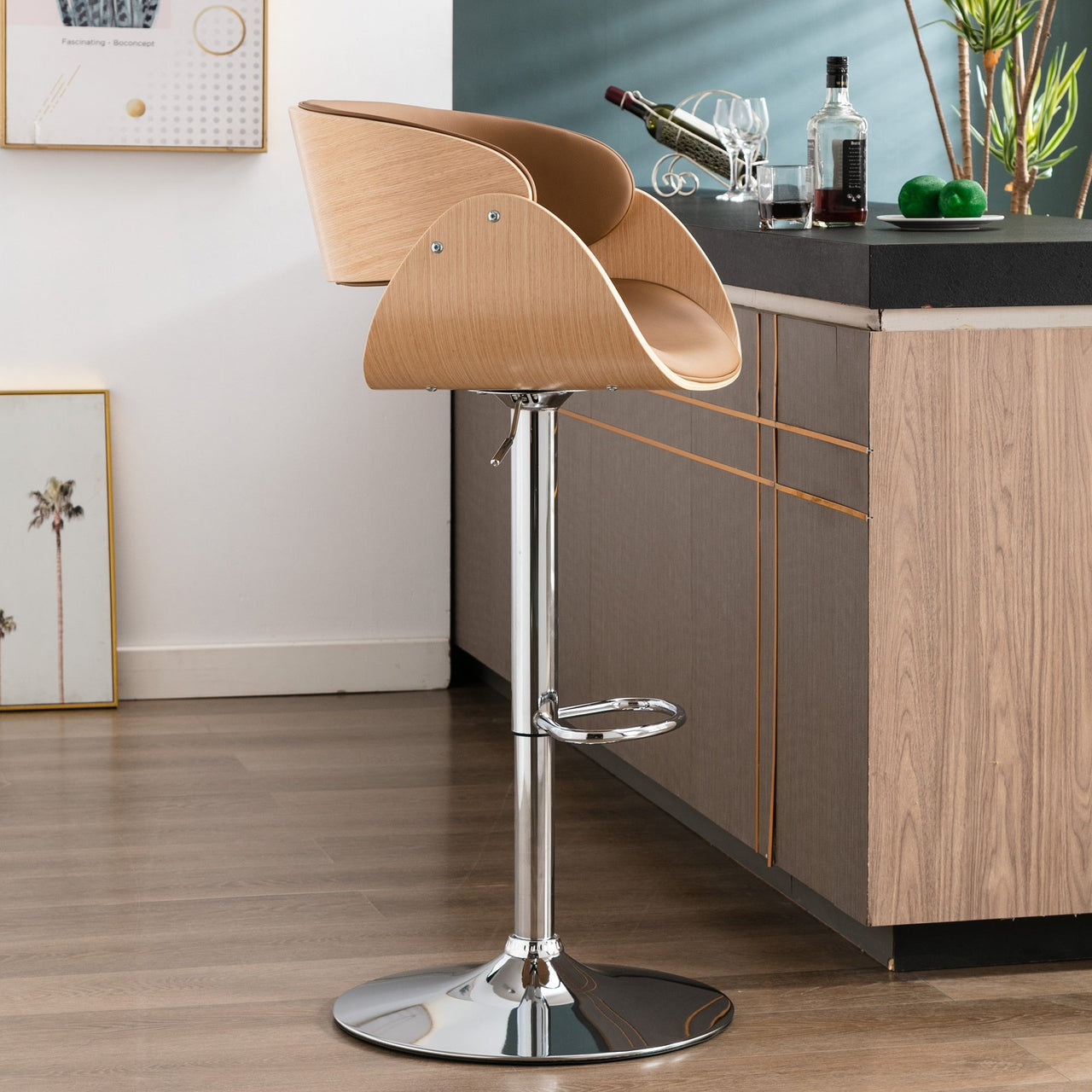 Swivel PU Leather Ecru Bent Wood Bar Stool - Casatrail.com