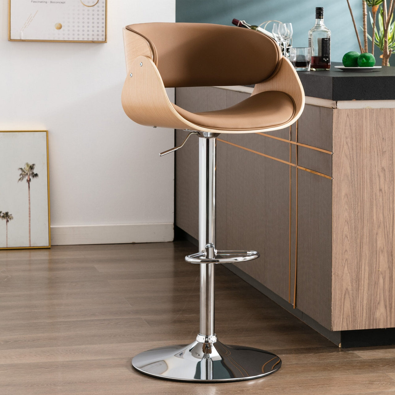 Swivel PU Leather Ecru Bent Wood Bar Stool - Casatrail.com