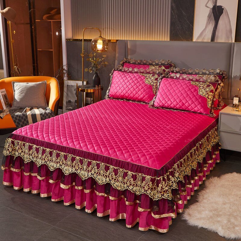 Warm Bedspread on The Bed with Thickened Crystal Velvet Lace Bed Skirt for King Queen Size Embroidery Bed Cover - Casatrail.com