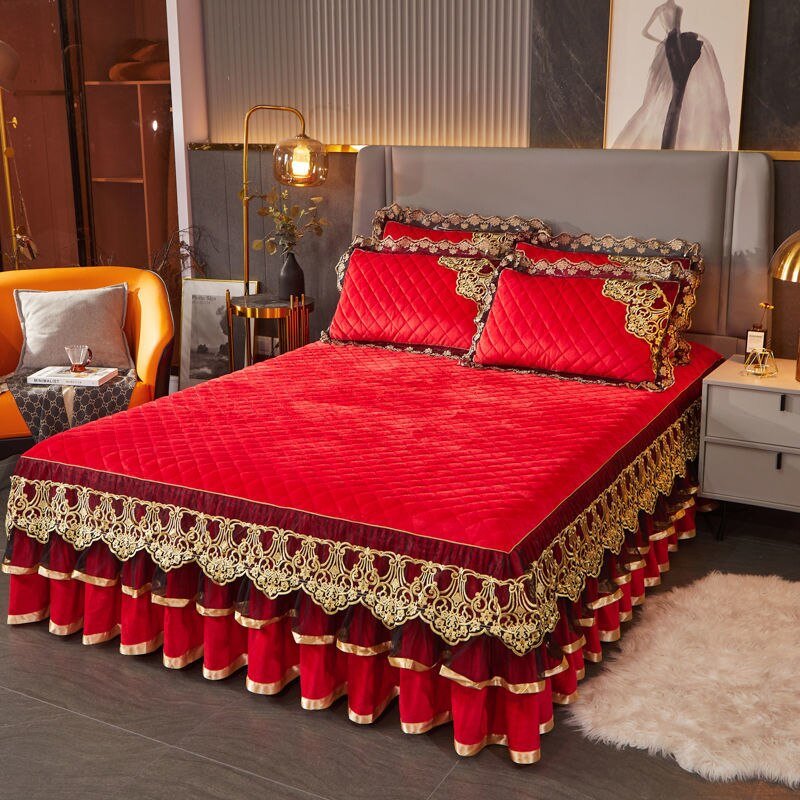 Warm Bedspread on The Bed with Thickened Crystal Velvet Lace Bed Skirt for King Queen Size Embroidery Bed Cover - Casatrail.com