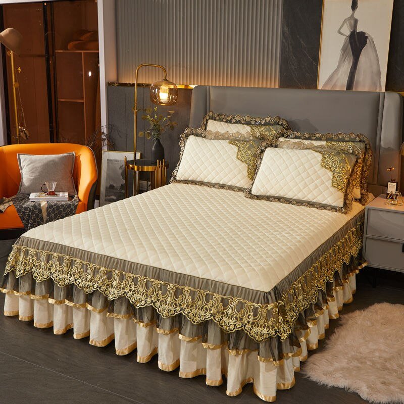 Warm Bedspread on The Bed with Thickened Crystal Velvet Lace Bed Skirt for King Queen Size Embroidery Bed Cover - Casatrail.com