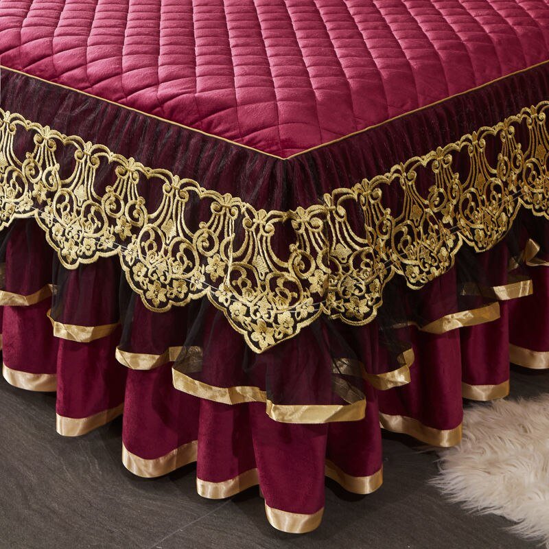 Warm Bedspread on The Bed with Thickened Crystal Velvet Lace Bed Skirt for King Queen Size Embroidery Bed Cover - Casatrail.com