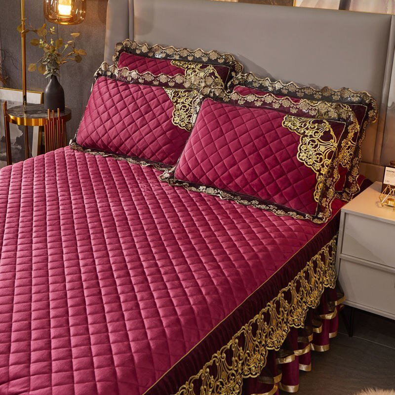 Warm Bedspread on The Bed with Thickened Crystal Velvet Lace Bed Skirt for King Queen Size Embroidery Bed Cover - Casatrail.com