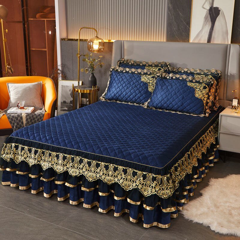 Warm Bedspread on The Bed with Thickened Crystal Velvet Lace Bed Skirt for King Queen Size Embroidery Bed Cover - Casatrail.com