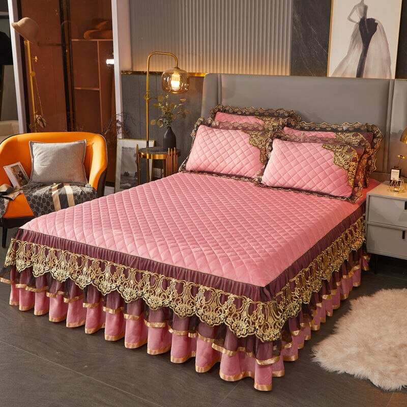 Warm Bedspread on The Bed with Thickened Crystal Velvet Lace Bed Skirt for King Queen Size Embroidery Bed Cover - Casatrail.com