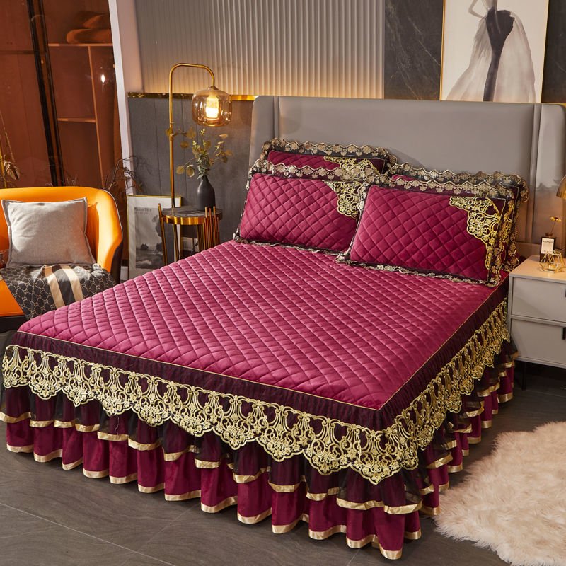 Warm Bedspread on The Bed with Thickened Crystal Velvet Lace Bed Skirt for King Queen Size Embroidery Bed Cover - Casatrail.com