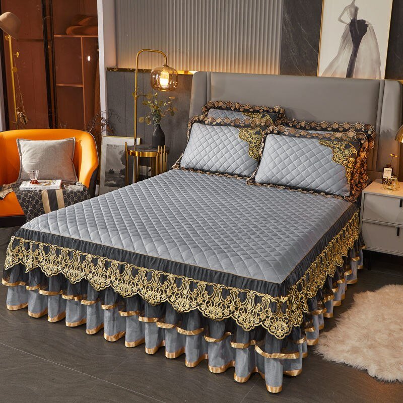 Warm Bedspread on The Bed with Thickened Crystal Velvet Lace Bed Skirt for King Queen Size Embroidery Bed Cover - Casatrail.com