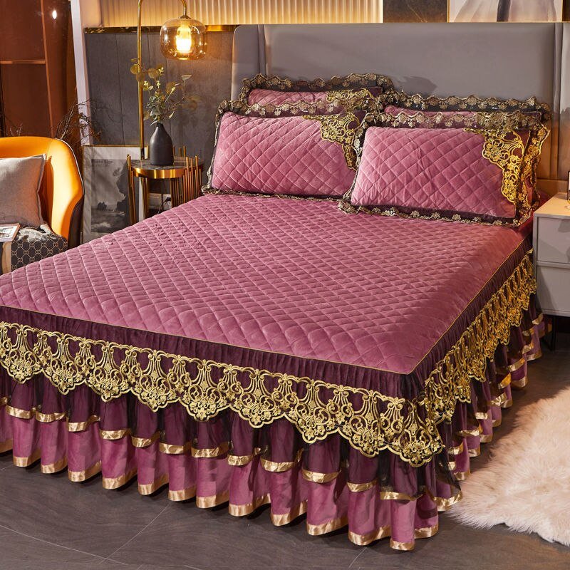 Warm Bedspread on The Bed with Thickened Crystal Velvet Lace Bed Skirt for King Queen Size Embroidery Bed Cover - Casatrail.com