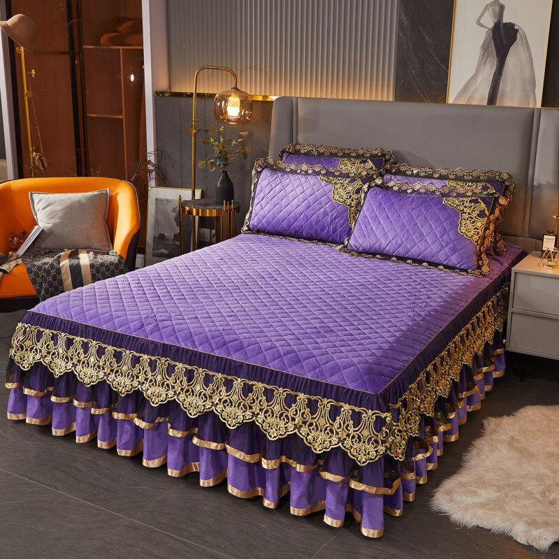 Warm Bedspread on The Bed with Thickened Crystal Velvet Lace Bed Skirt for King Queen Size Embroidery Bed Cover - Casatrail.com