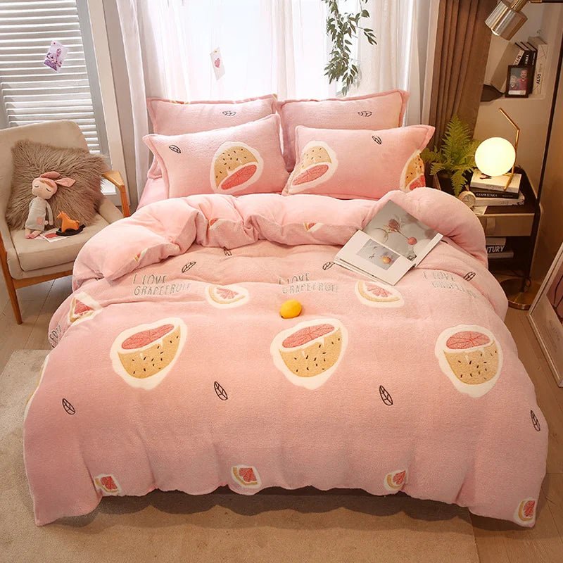 Warm Coral Fleece Duvet Cover with Flower Print - Casatrail.com