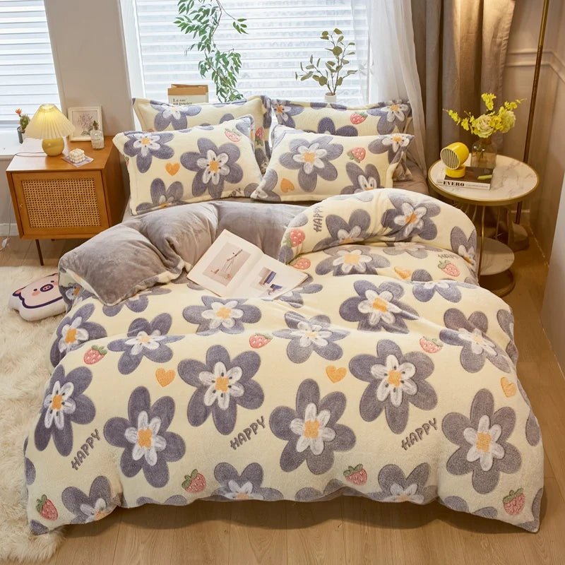 Warm Coral Fleece Duvet Cover with Flower Print - Casatrail.com