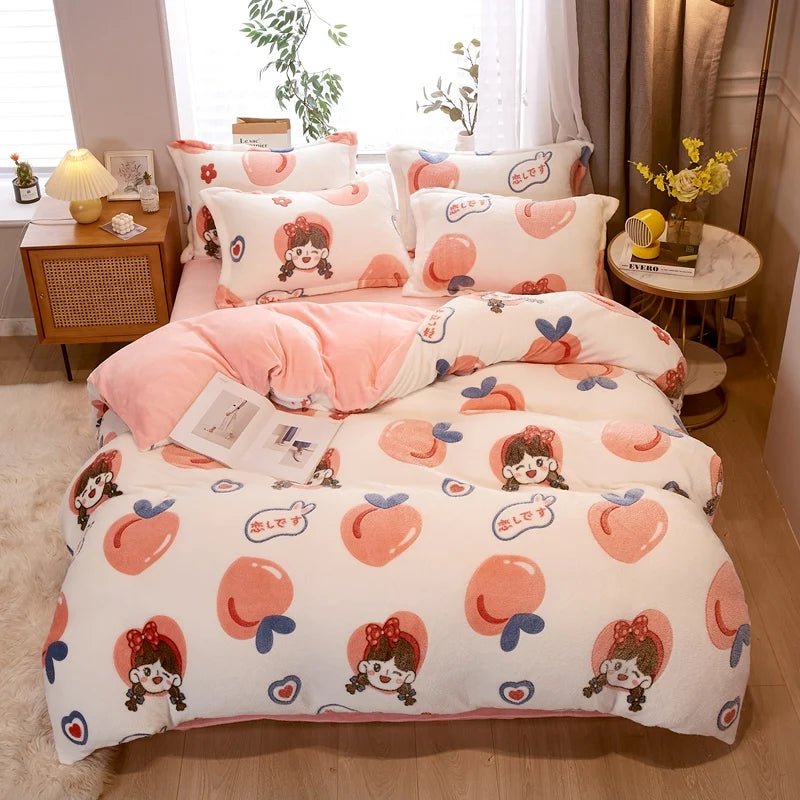 Warm Coral Fleece Duvet Cover with Flower Print - Casatrail.com