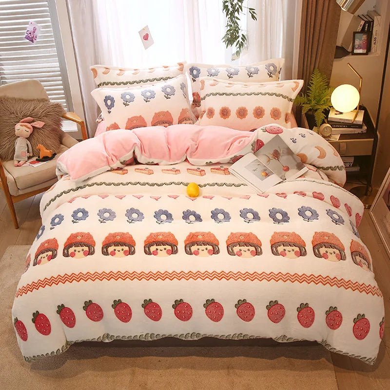 Warm Coral Fleece Duvet Cover with Flower Print - Casatrail.com