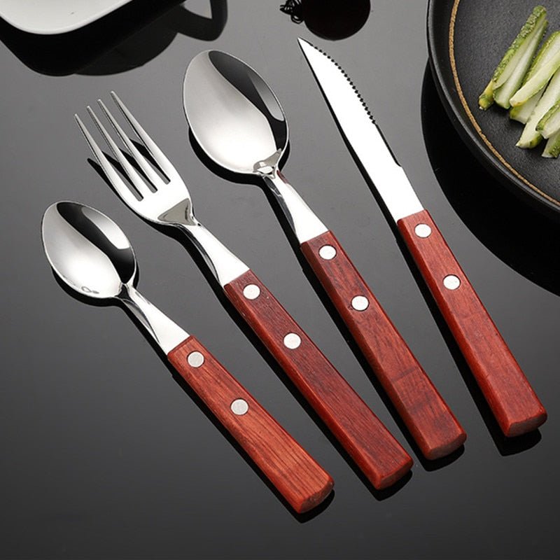 Wood Dinnerware Set with Stainless Steel Cutlery - Casatrail.com