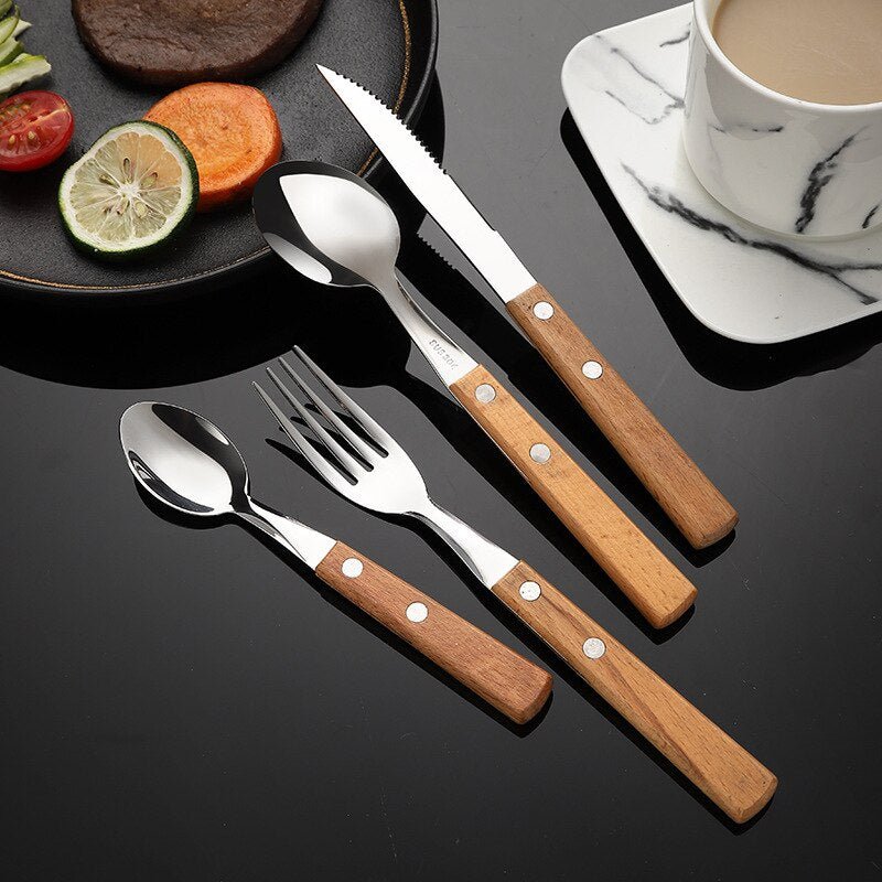 Wood Dinnerware Set with Stainless Steel Cutlery - Casatrail.com