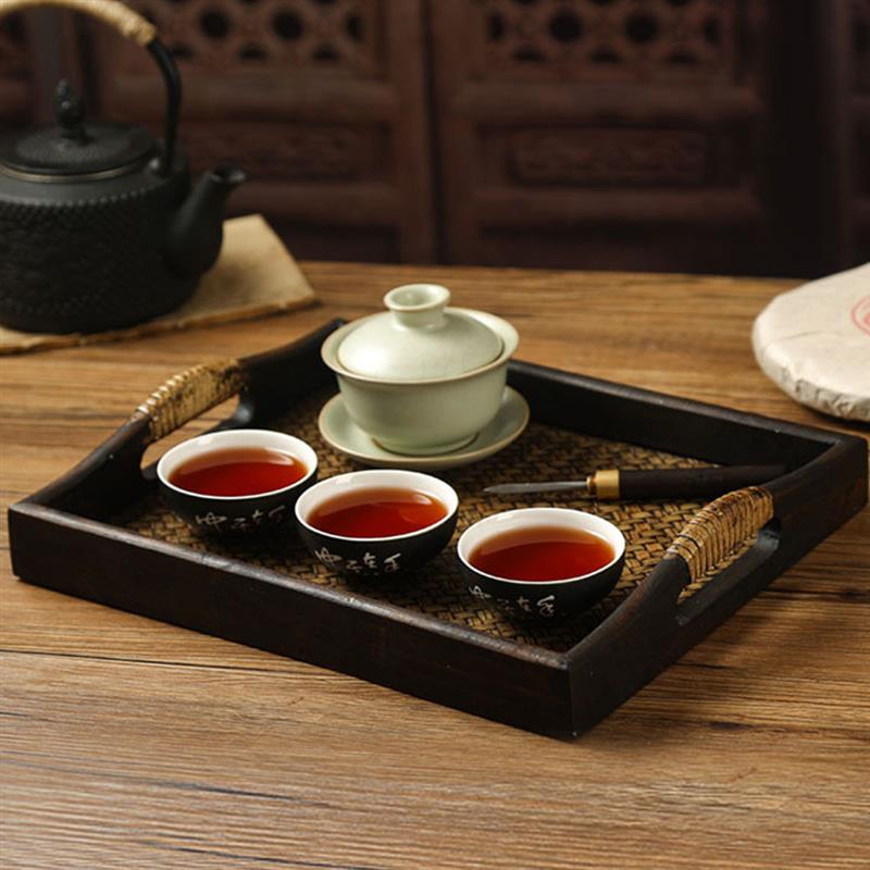 Wooden Rattan Tea Tray with Storage for Serving Snacks - Casatrail.com