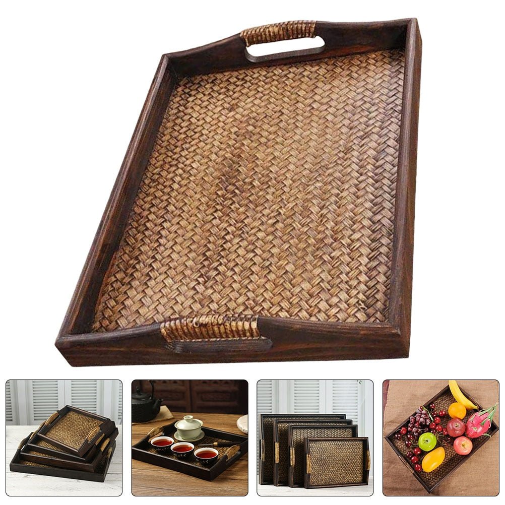 Wooden Rattan Tea Tray with Storage for Serving Snacks - Casatrail.com