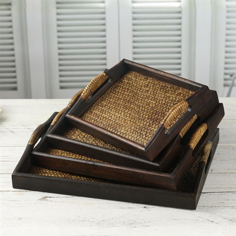 Wooden Rattan Tea Tray with Storage for Serving Snacks - Casatrail.com