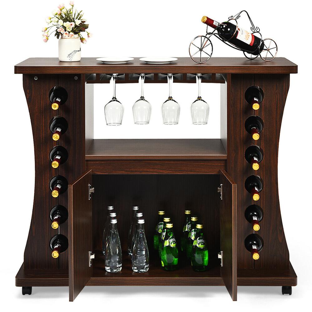 Wooden Rolling Buffet Sideboard with Wine Rack - Casatrail.com