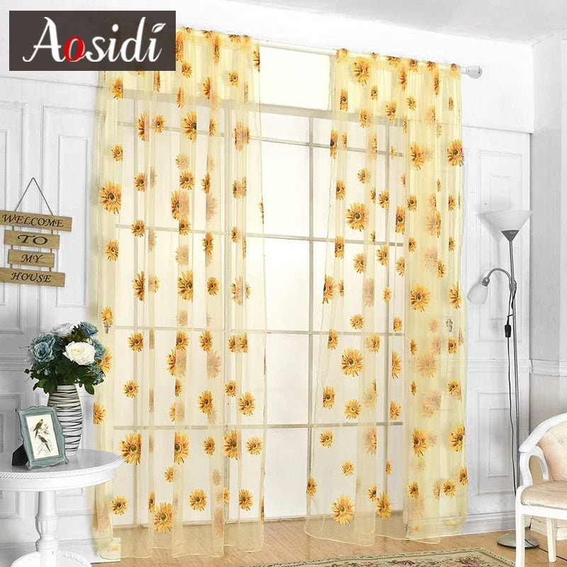 Yellow Floral Sheer Tulle Curtains - Casatrail.com