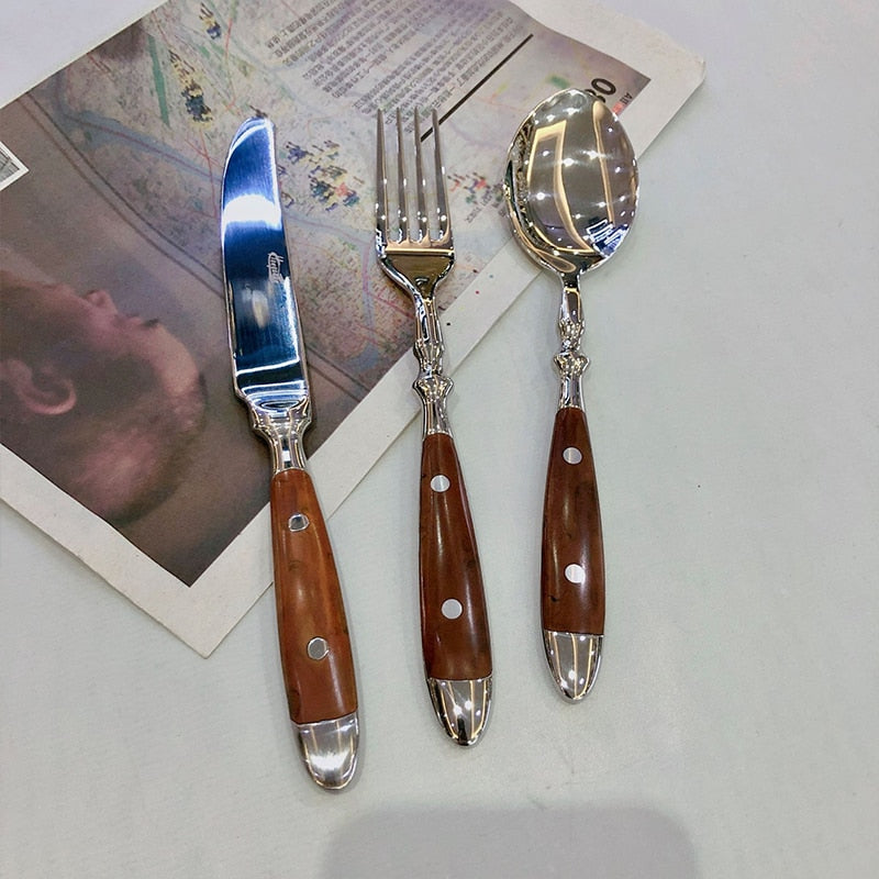 Stainless Steel Fork Spoon Knife Set with Wooden Handle
