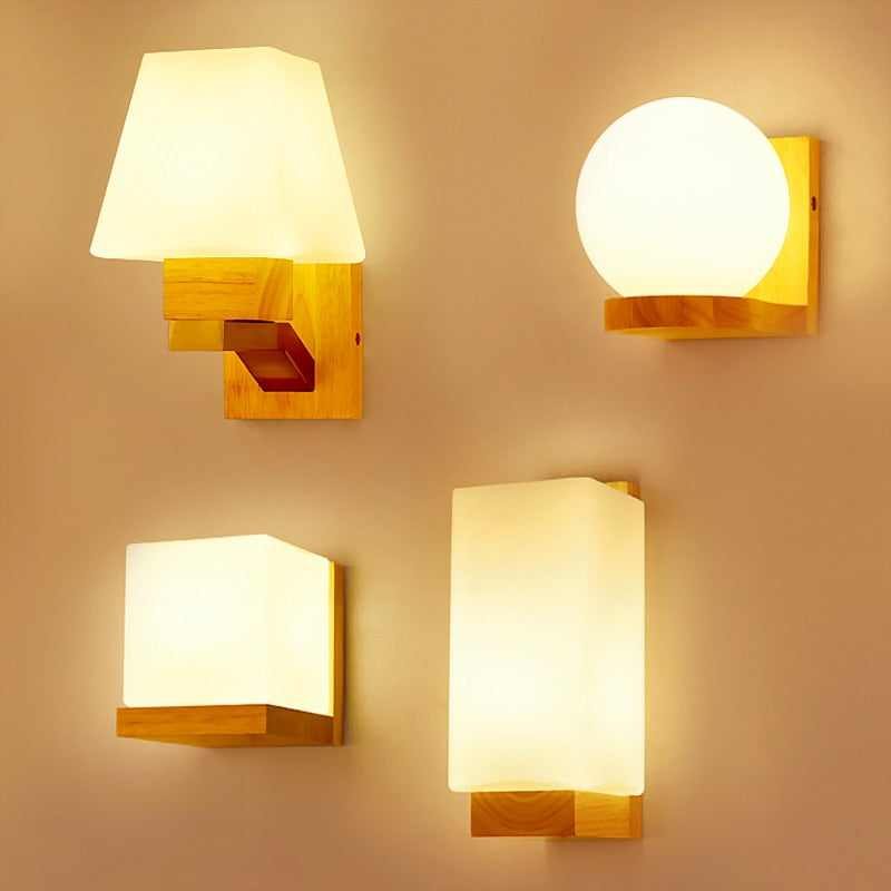 Nordic Wooden Sconce Wall Lights with Glass Lamp