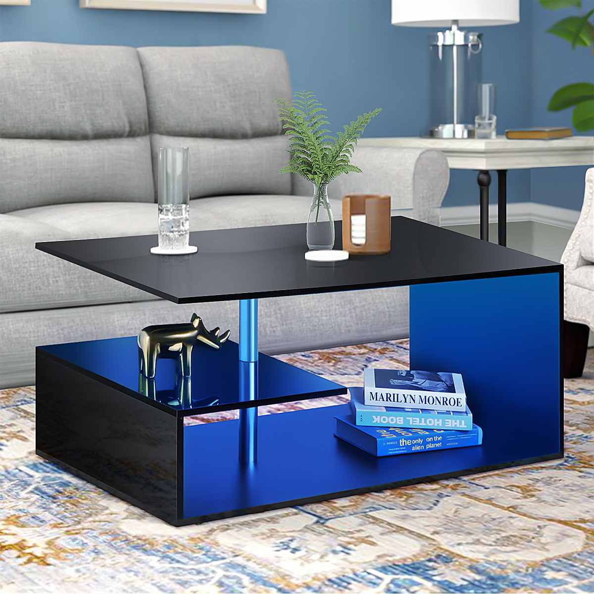 Modern High Gloss Black Coffee Table with Storage Shelves