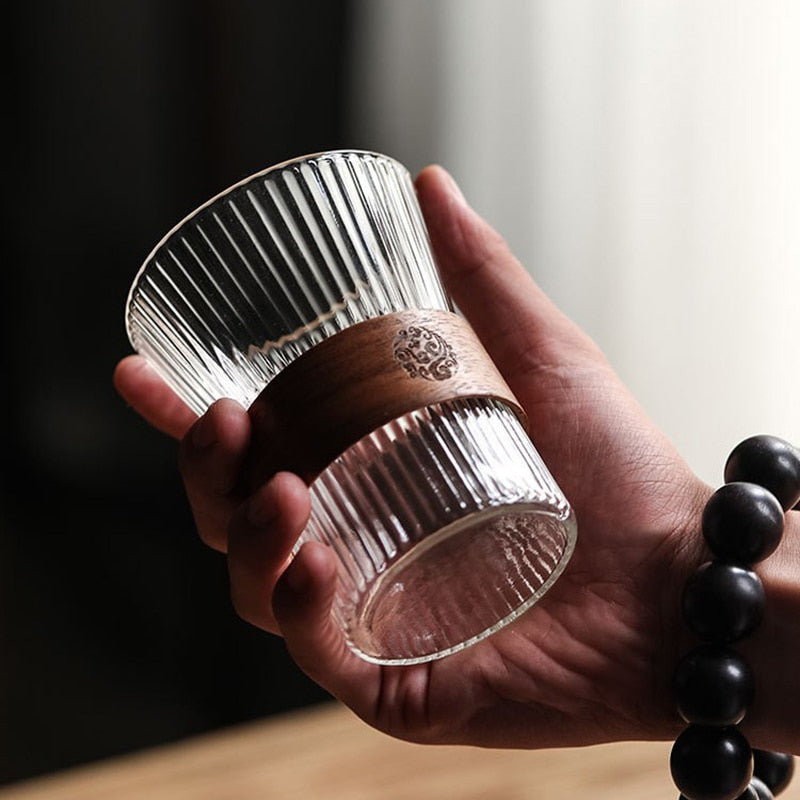 Japanese Style Glass Coffee Cups with Walnut Sleeve